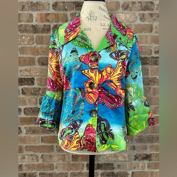 Grace Chuang colorful butterfly vibrant buttoned blazer top blouse 100% silk XXL - Picture 1 of 10